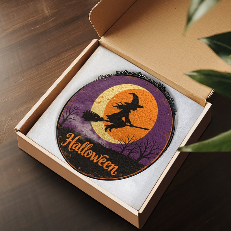 Witch Moon Broom Round Decor Vitrail pour fenêtre, 9,8 x 9,8 po (25 x 25 cm)