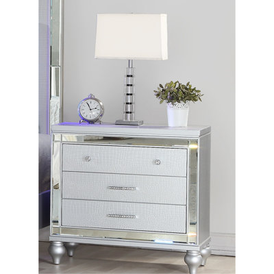 Silver Mirror Accented Nightstand With 3 Drawers - Bedroom Sophistication Flair Contemporary & Accents Glamour