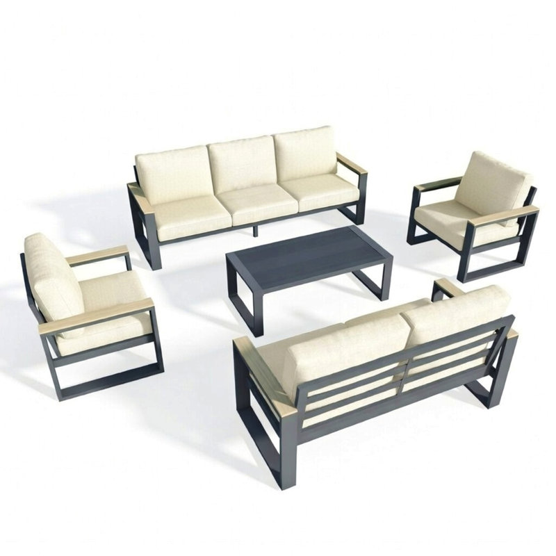 All-Weather 5-Piece Aluminum Patio Furniture Set, 7-Seat Conversation Sofa With 10 Inches Extra Thick Beige Back Cushions And   Glass Table