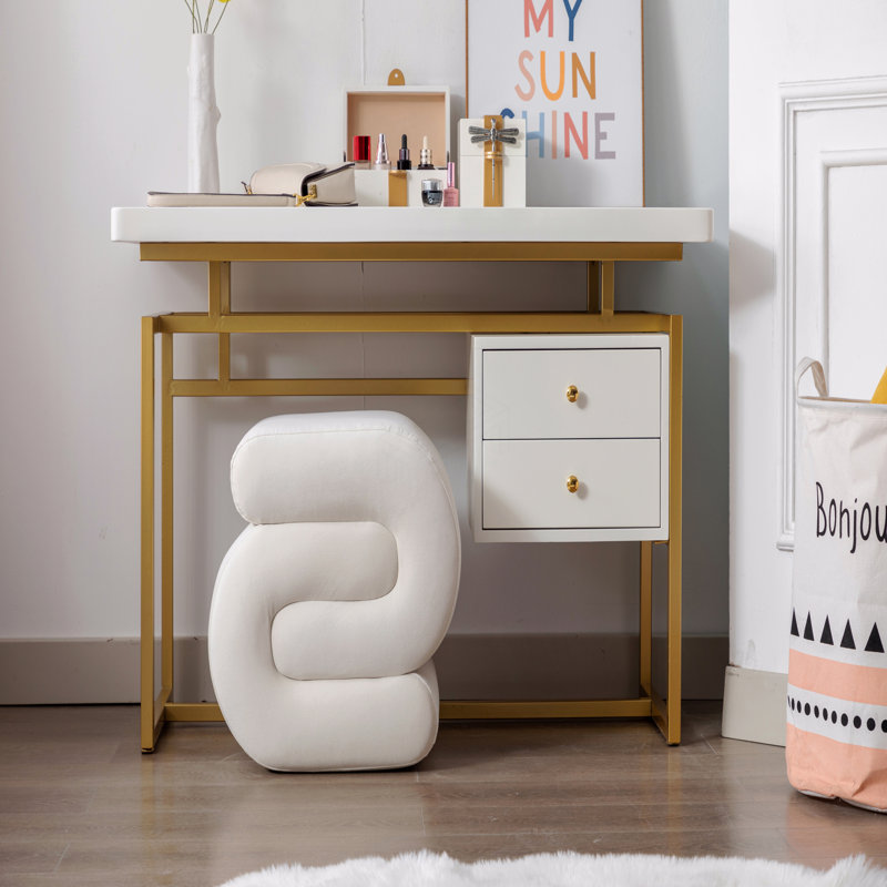 Jaszlyn S-shape Ottoman, Makeup Stool Footstool, Ivory Velvet
