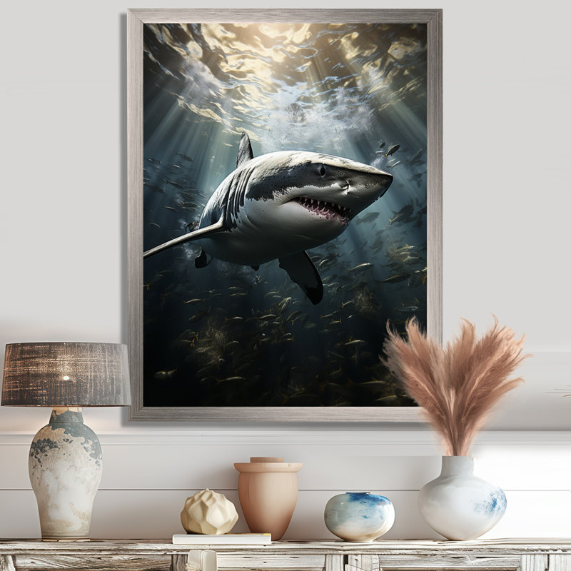 Grey Shark The Majesty - Marine Animals Large Wall Art, 40" H x 30" W x 1.5" D, Silver Single Picture Framed
