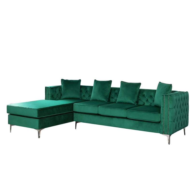 Velvet L-Shaped Sectional Reversible, Green Velvet