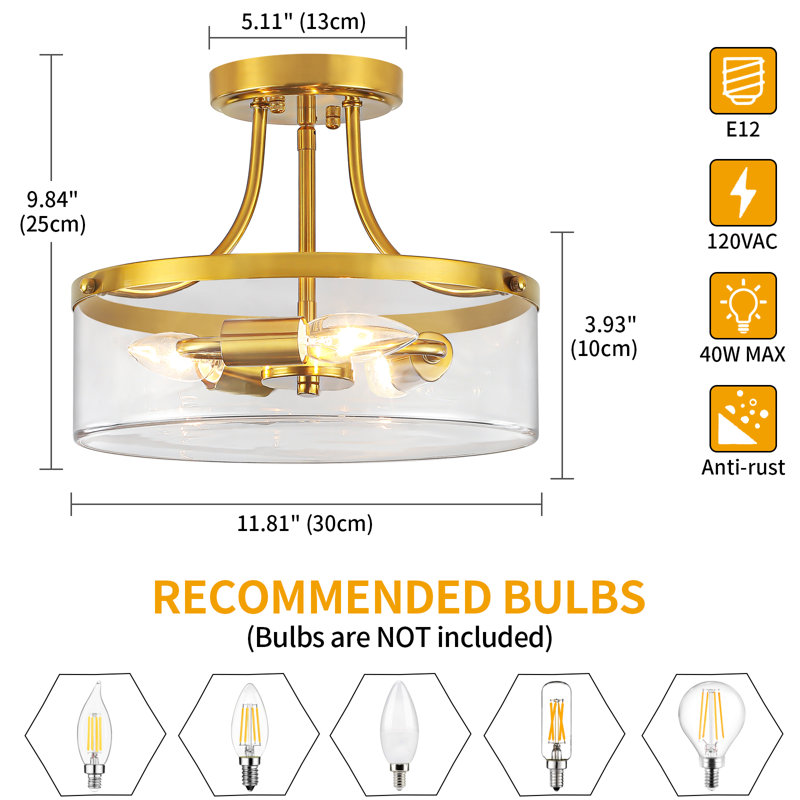 3 - Light Gold Semi Flush Mount Ceiling Light With Glass Shade, Gold