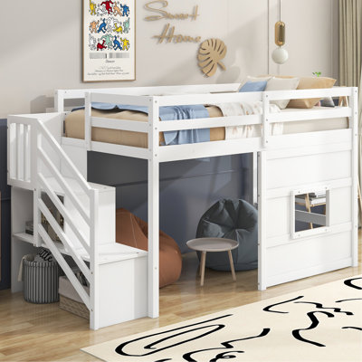 Lit simple avec escalier de rangement et fenêtre attrayante - structure en bois stable, construction loft blanc, aucun sommier requis pour l'attraction