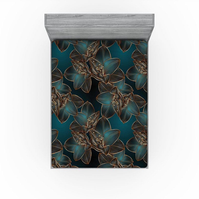 Drap-housse à motif floral Ambesonne, Bleu pétrole, cannelle / floral, Drap-housse très grand californien