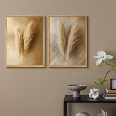 Ensemble de 2 reproductions d'art neutre sur fond de pampa neutre - photographie botanique beige doux encadrée pour la chambre ou le vestibule