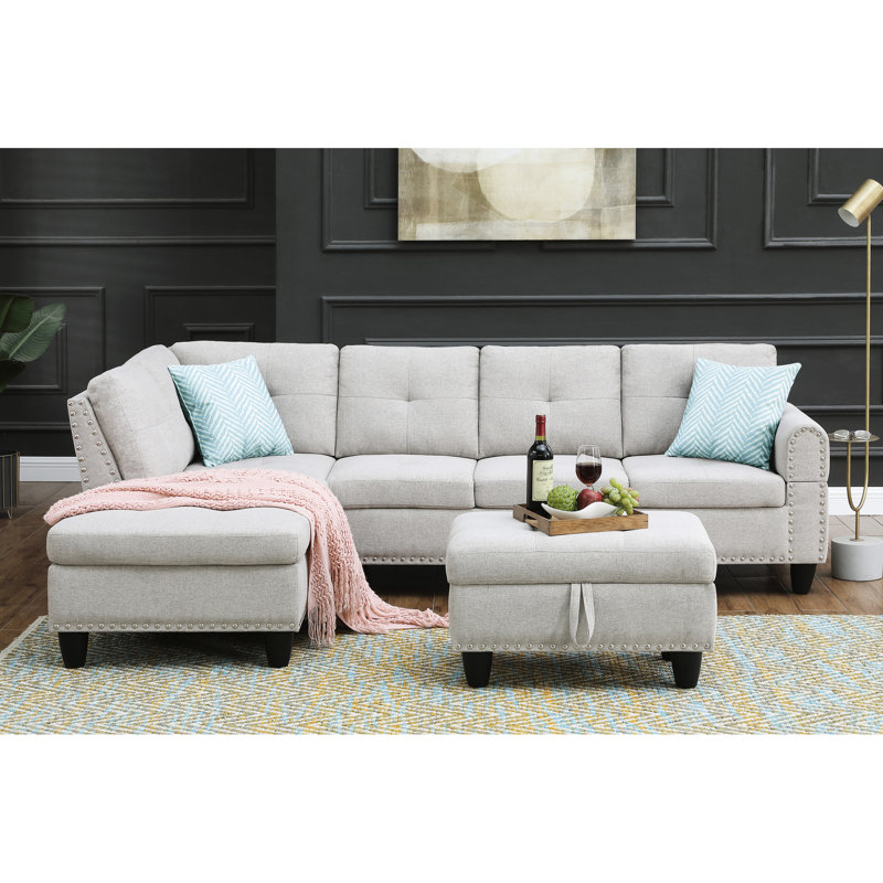 Méridienne gaucher avec classe - tissu d'ameublement modulaire en lin gris de 98 po de largeur, une touche traditionnelle