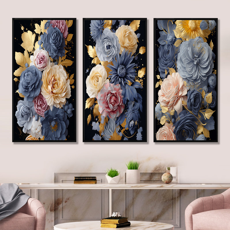 «Coppola Blue Rose Elegance I», ensemble de 3 reproductions d'art mural, Cadre flottant noir, H 28 po x l 36 po