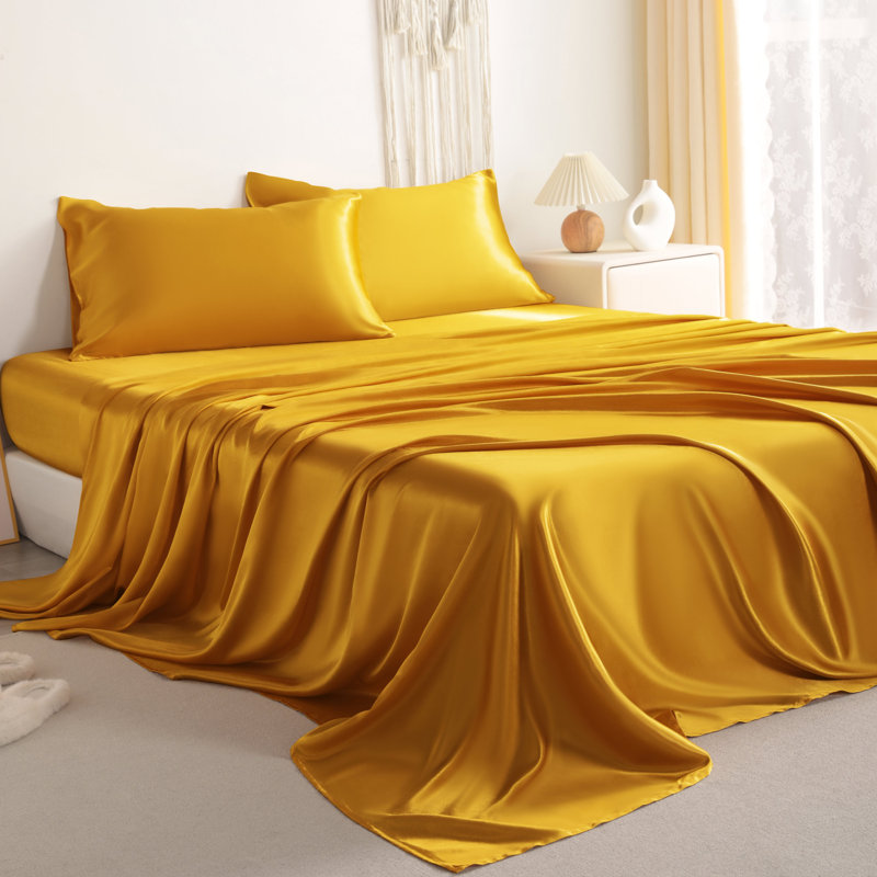 Lustrous Satin Bed Sheet Set Luxury Soft Durable, Sallow, Full Sheet Set with 2 Pillowcases