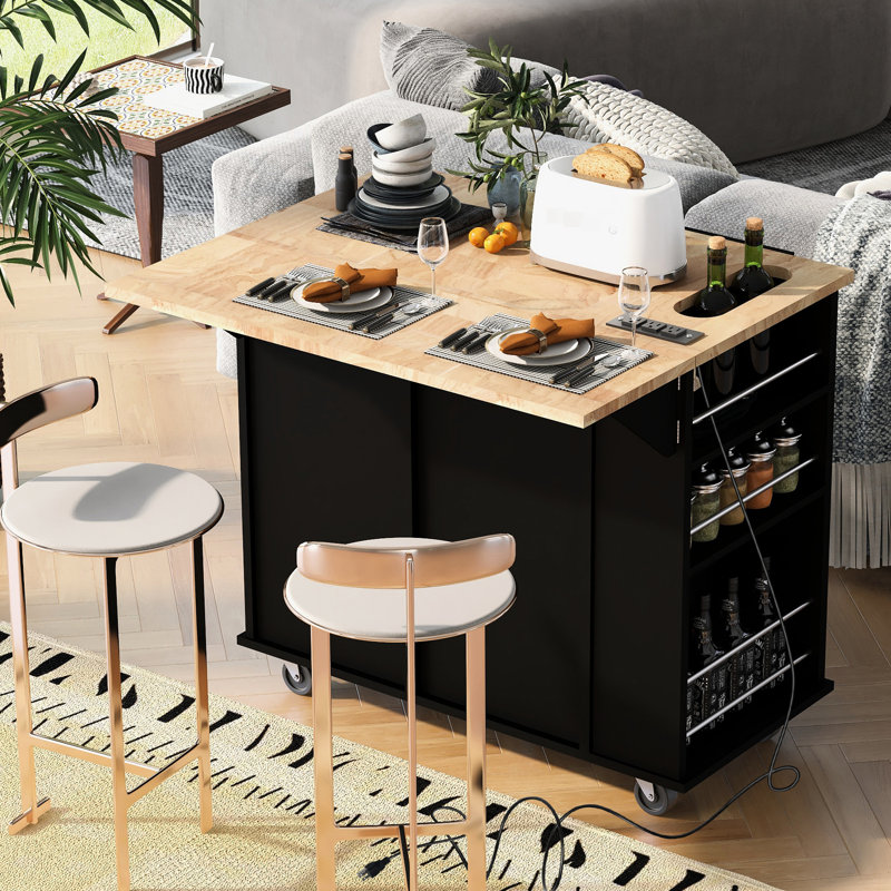 Îlot de cuisine noir avec prise électrique, abattant et porte-bouteilles - Abattant avec prise électrique. Noir. Étagère, rangement pratique. Structure durable.