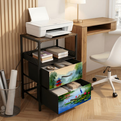 2 Drawers Nightstand with Charging Station, Bedroom Nightstand with USB Ports, Outlets Open Shelf Black, night stand with Blue Heron Tranquil Lotus Pond Traditional Red Pagoda Print