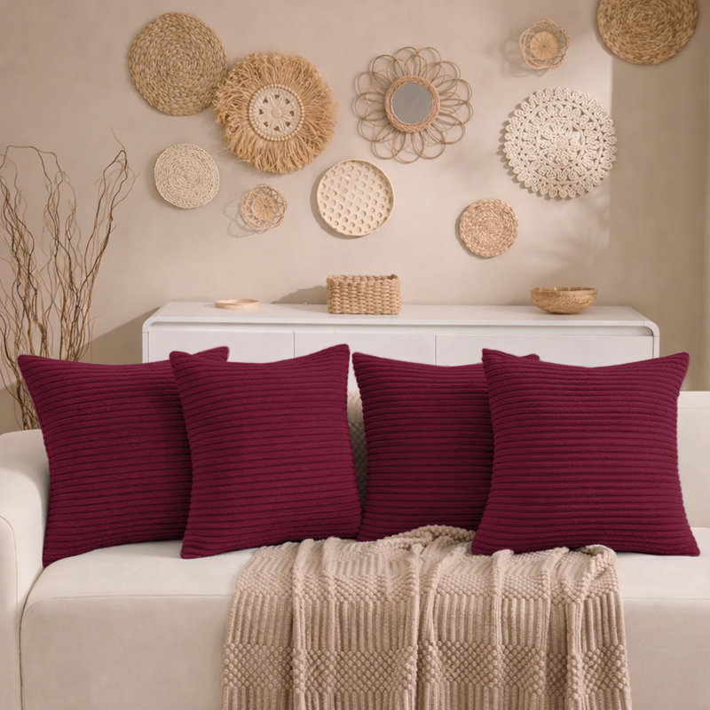 Aspire Homeware Striped Square Velvet Cushion Cover, Red, Pack of 4
