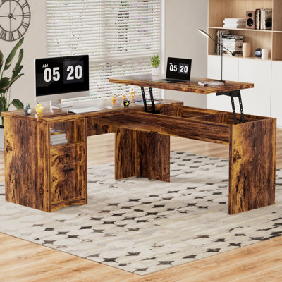 Swapan 56'' Lift Top L-Shaped Desk with Drawers and Power Outlets, Executive Desk