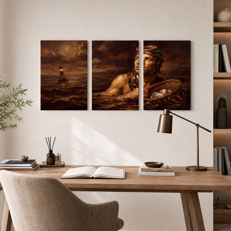 Ensemble de 3 toiles rétro "Diver tenant un panier au clair de lune", H 36 po x l 24 po x 3 pièces
