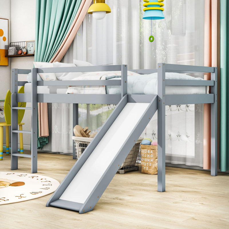 Lit mezzanine simple avec glissade et échelle Kenara, Gris