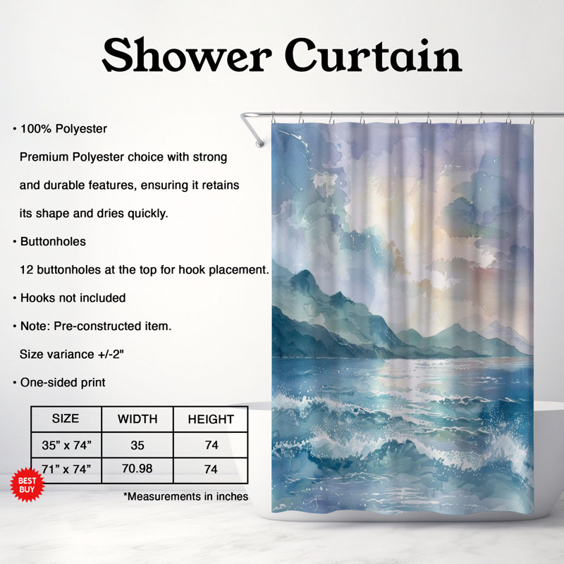 Rideau de douche 1 pièce Vibrant Ocean Watercolors, H 74 po x l 71 po