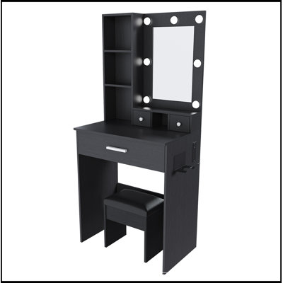 Table de coiffeuse avec miroir, lumières DEL réglables, prise de courant, support pour sèche-cheveux et tabouret