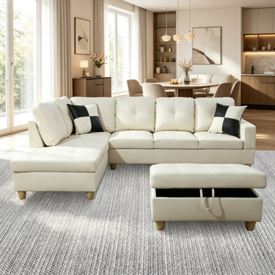 Faux Leather L Shaped Couch Living Room Left Hand Facing Sofa Set with ottoman