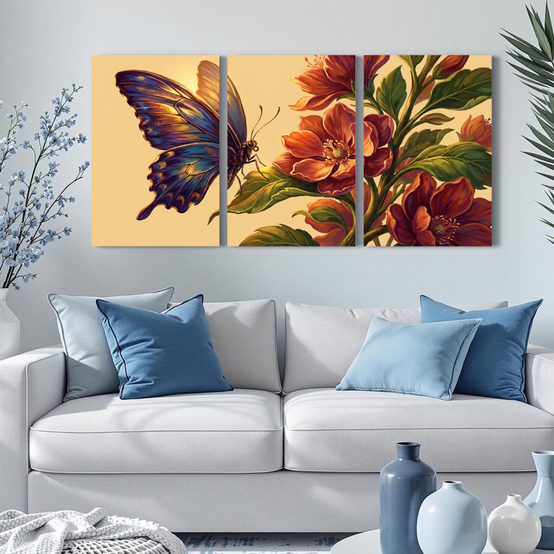 Ensemble de 3 tableaux sur toile tendue représentant des papillons et des fleurs, 1624