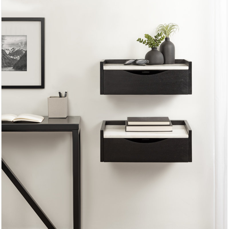 Benning Poplar Floating Shelf with Drawer, Black
