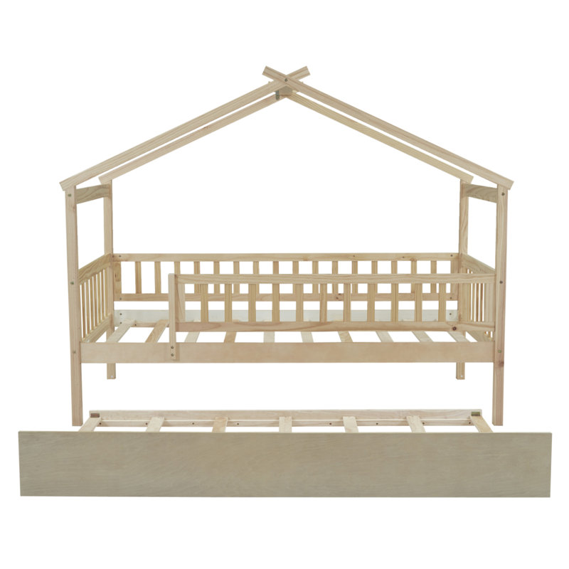 Lit simple en bois avec lit gigogne simple, naturel, Naturel