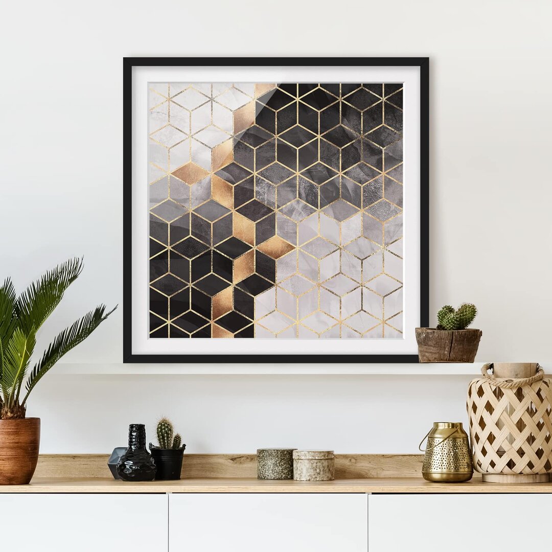 Gerahmter Grafikdruck Black White Golden Geometry