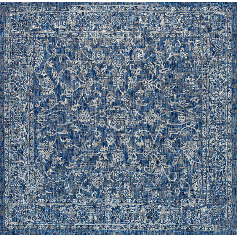 Leonora Bohemian Textured Weave Floral Navy/Gray Indoor/Outdoor Rug, Square 5'3"