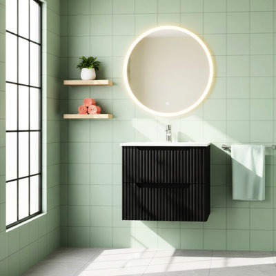 Lavabo de salle de bain mural 24 po, noir, tiroirs à fermeture en douceur, grand rangement, meuble-lavabo flottant de style Mid-Century et moderne, avec lavabo, système, conception soignée et spacieuse