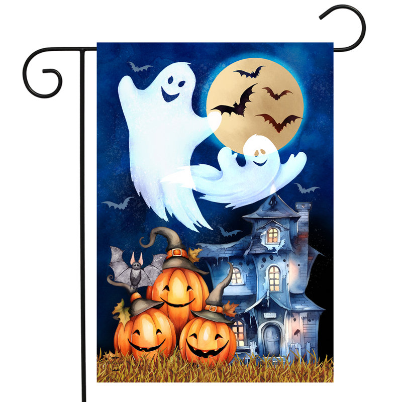 Drapeau d'Halloween obsédant le jardin, Halloween bleu marine/blanc/orange