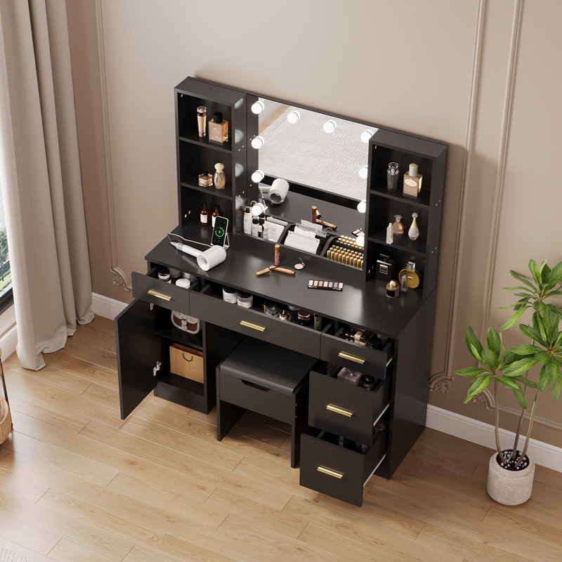 Farmhouse Vanity Set with Lighted Mirror – 10 LED Lights, 3-Color Dimmable Dressing Table with Charging Station – 5 Metal Drawers & Cushioned Stool for Bedrooml, Black
