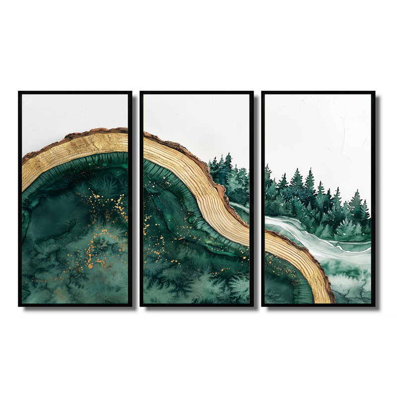 «Bold Forest Landscape Path Of The Emerald River VI», art mural forêt, 3 pièces, H 28 po x l 36 po, Noir