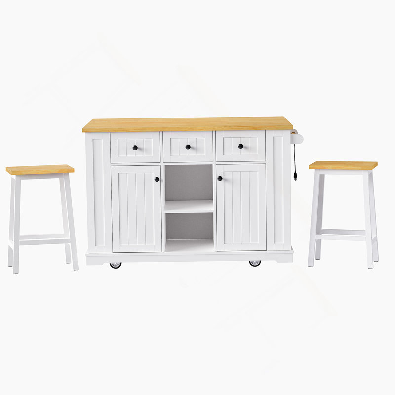 53Inch Large Kitchen Island With 2 Bar Stools, Power Outlet,Door Internal Storage Rack, Kitchen Storage Cart On 5 Wheels With Drop Leaf, 5 Open Side Racks, 3 Drawers, For Kitchen,Dining Room,White