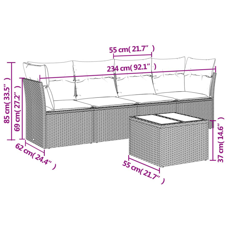 Ensemble de canapé de patio 5 pièces avec coussins en rotin de polyester, Bleu clair, Noir