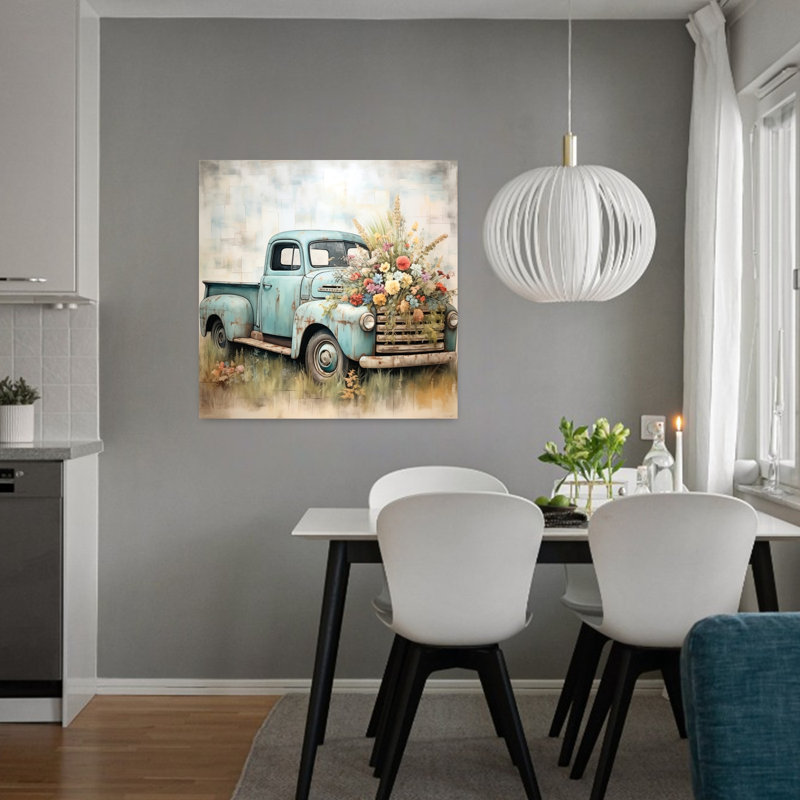 Art contemporain avec pétales et pistons contemporains avec camion, H 32 po x l 32 po