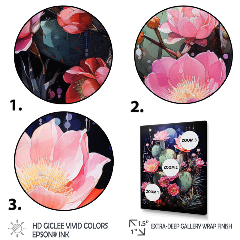 Rose, vert, cactus, désert, royauté, grand - Art floral et botanique sur toile, H 20 po x l 12 po x P 1 po