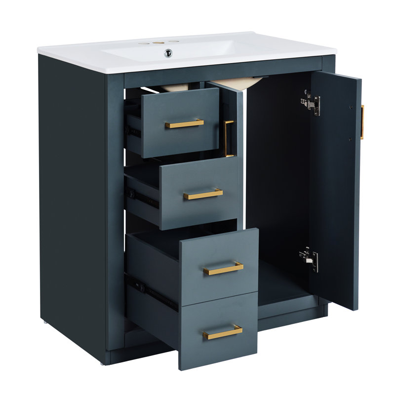 Meuble-lavabo en céramique de 76 cm (30 po) - Bois massif bleu, 3 tiroirs et 2 portes. Meuble de rangement fonctionnel avec panneaux de construction et fermeture en douceur. Pièce décorative élégante.