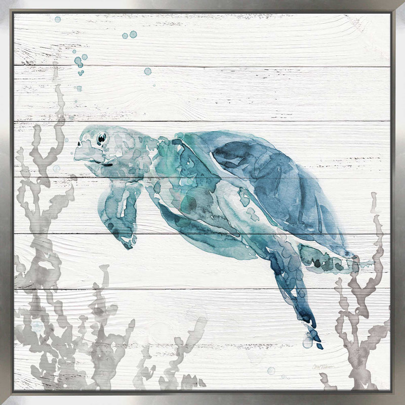 «Aqua Turtle II» par Carol Robinson - Peinture, L 21,5 po x H 21,5 po, Encadrement argenté