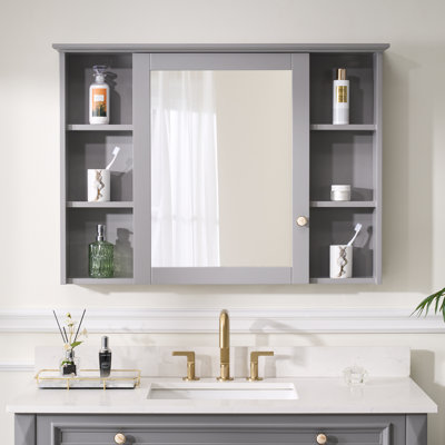 42'' W X 30''H Wall  Surface Mounted Bathroom Solid Wood Medicine Cabinet With Mirror And Shelves