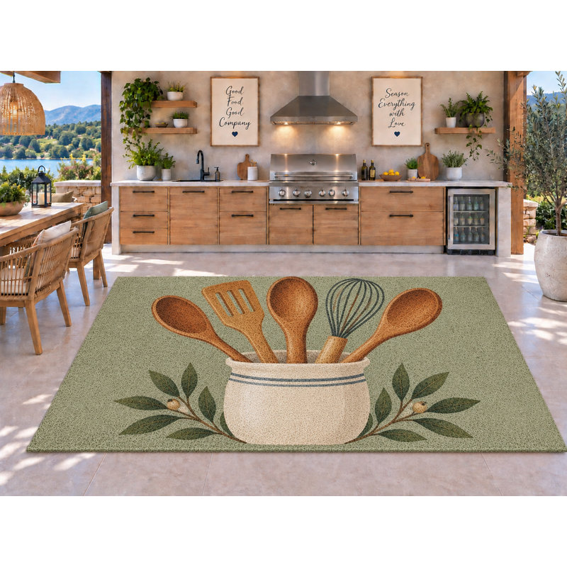 Tapis d'extérieur 5 pi x 7 pi Sage Crock Utensil Leaf Art