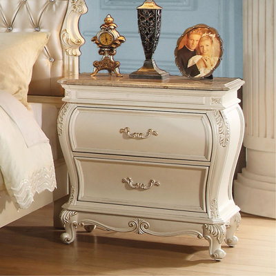 Table de chevet 2 tiroirs Pearl White avec pieds Queen Anne