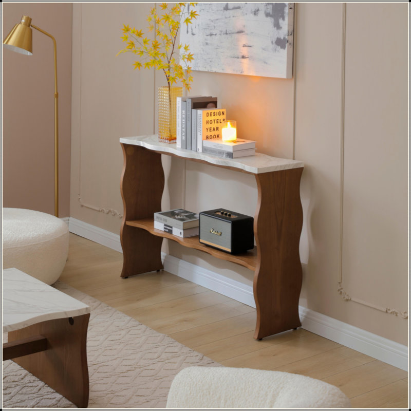 47.24" Whisper Of Waves Modern Console Table W/ White Marble-Pattern Top, Solid Wood Veneered Sofa Table W/ Open Storage Shelf, Entryway Table For Living Room