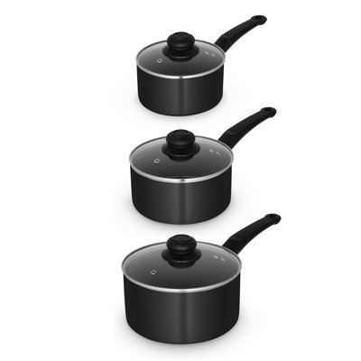 Swan Townhouse 3 Piece Saucepan Set with 16/18/20cm saucepans with Glass Lids, Bakelite Handles, Suitable for All Hob Types (excluding induction), Oven Safe