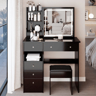 37" Middle Size Left Drawer Desktop Vanity Table + Cushioned Stool, Large Sliding, Touch Control, Tri-color Switching, Brightness Adjust LED Mirror, High Capacity Storage, Suitable for Large Space