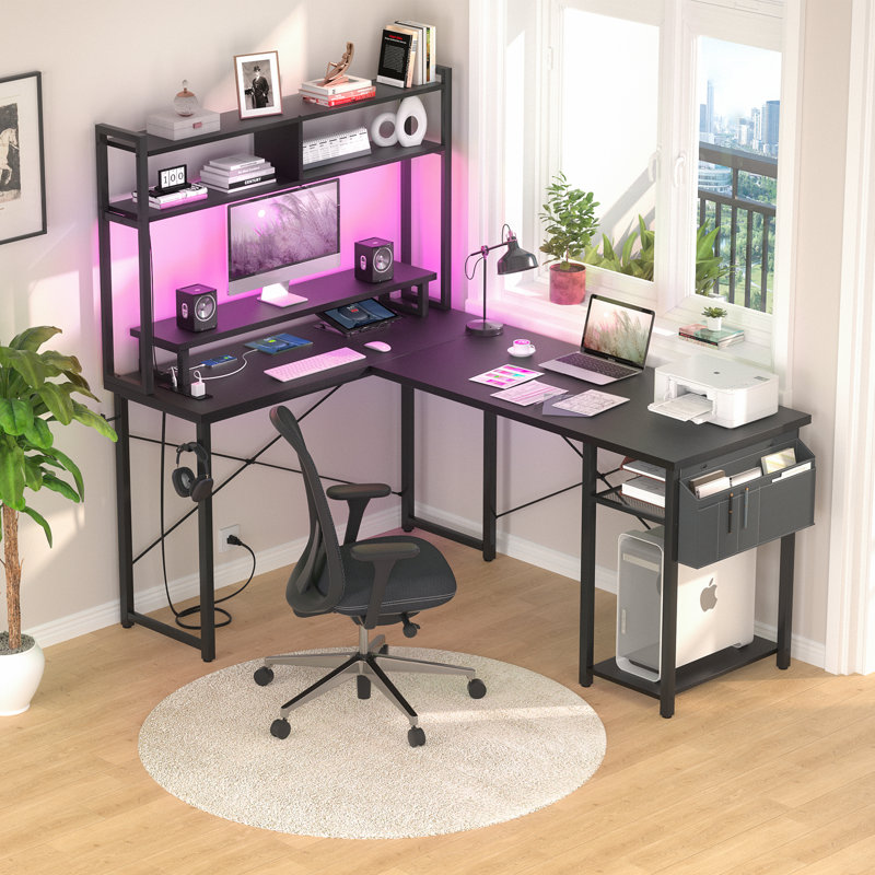 L Shaped Computer Desk with Hutch & Power Outlets, Reversible Gaming Desk with Monitor Stand & Storage Shelf, Black