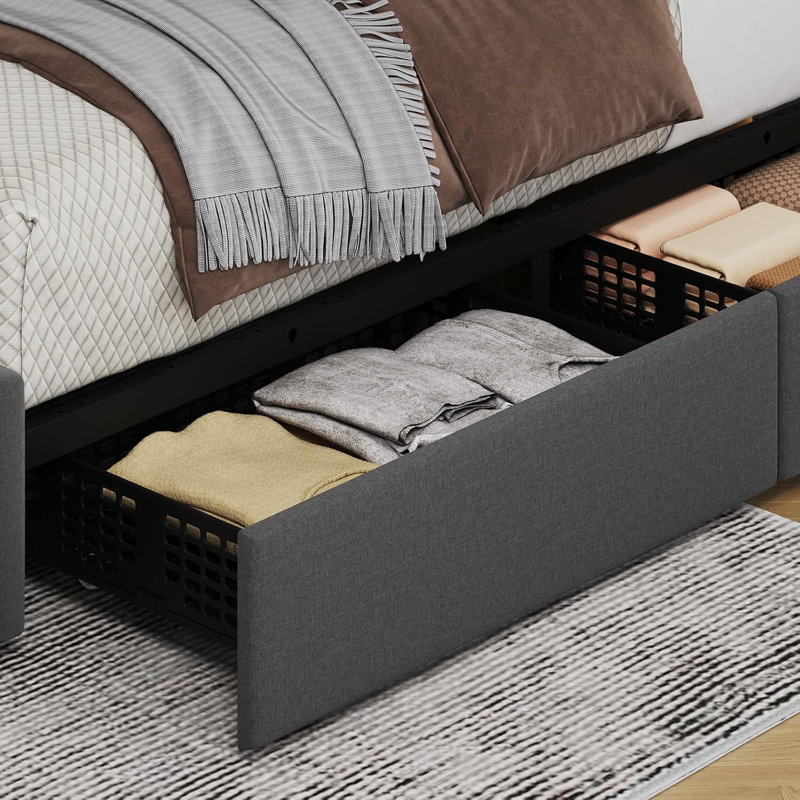 Grand lit plateforme tapissier avec tiroirs de rangement, tête de lit réglable, grand cadre en bois pour la chambre à coucher, gris