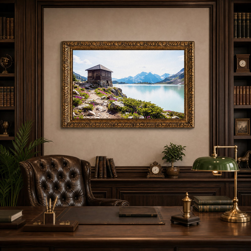 Tableau sur toile représentant un chalet alpin surplombant un lac turquoise et des montagnes, 16"H x 24"W