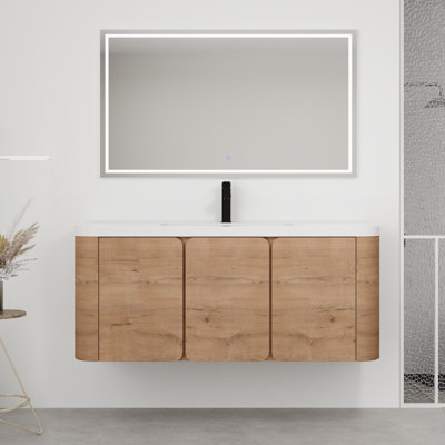 Meuble-lavabo mural 47 5/8 po - Armoire à grain de bois avec lavabo en résine intégré et cloison de rangement intelligente