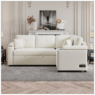 83" L-Shape Sofa Bed Pull-Out Sleeper Sofa With Wheels, USB Ports, Power Sockets For Living Room, Beige