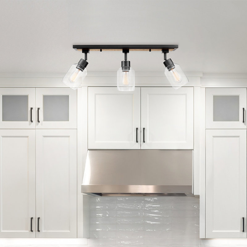 Griffith 25'' Wood and Matte Black 3-Light Track Lighting with Clear Glass Shades