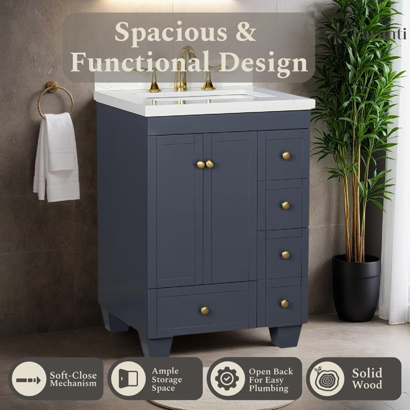  Depos 24 Inch Bathroom Vanity with Sink, Navy Blue – 100% Premium Solid Wood Vanity Cabinet – 1.5" Thick Quartz Countertop – Water-Resistant Finish – Fully Assembled